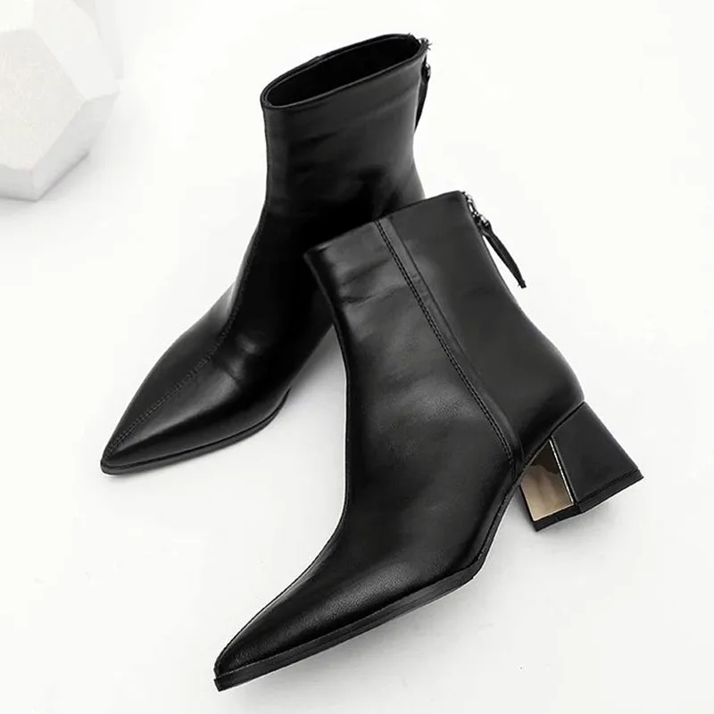 

Elegant Soft Leather Ankle Boots Women Sexy Pointed Toe Zip Design Modern Boots Chunky High Heels Winter Comfortable Women Shoes