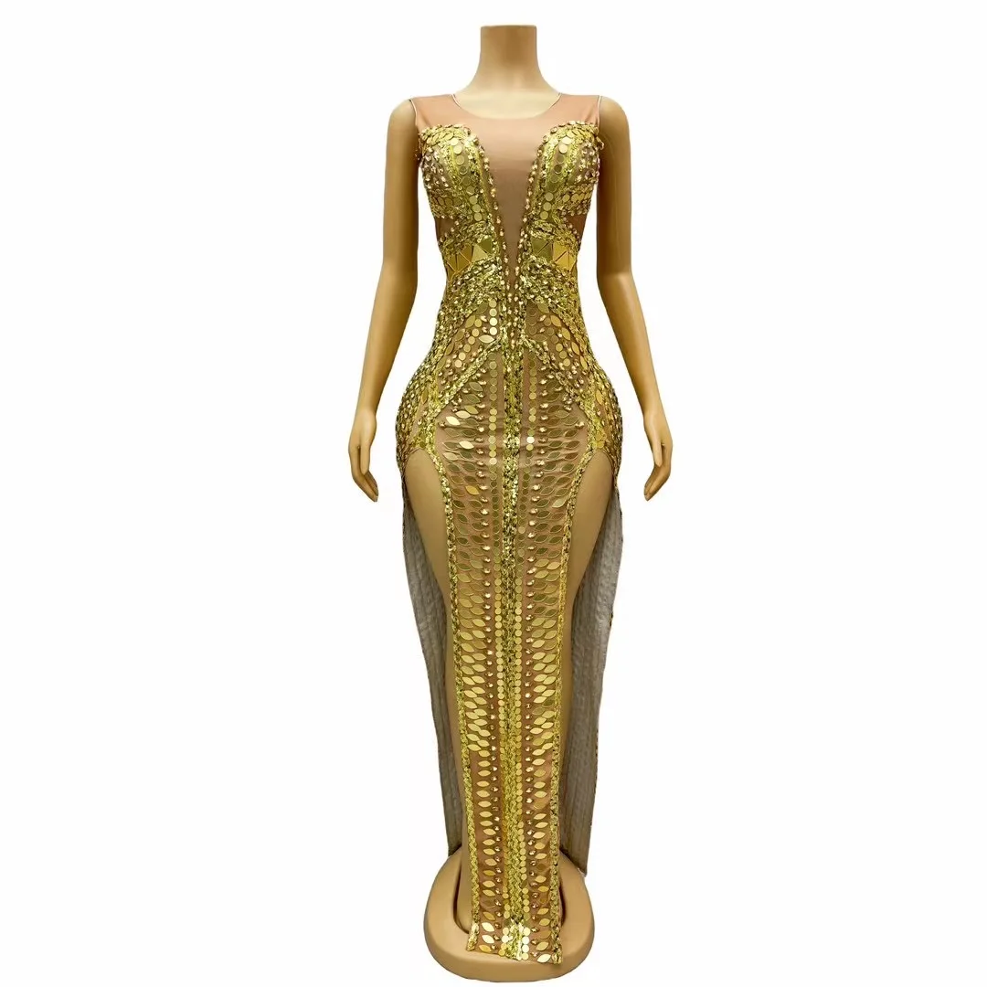 

Sexy Shining Sequins Gold Mirrors RhinestonesSplit Sleeveless Dress Evening Fancy FestivalCostume Singer Photoshoot Outfit C325