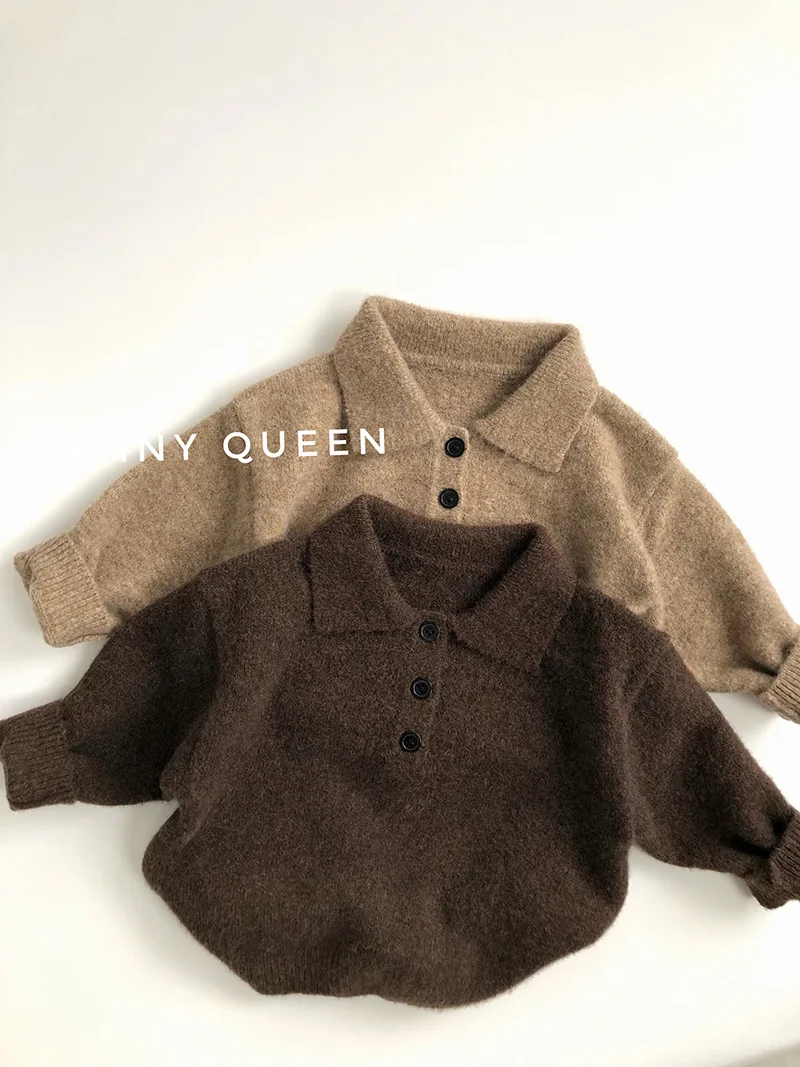 2024 Winter New Children Long Sleeve Casual Sweater Solid Boys Girls Vintage Knitted Lapel Pullover Thick Warm Kids Polo Shirts