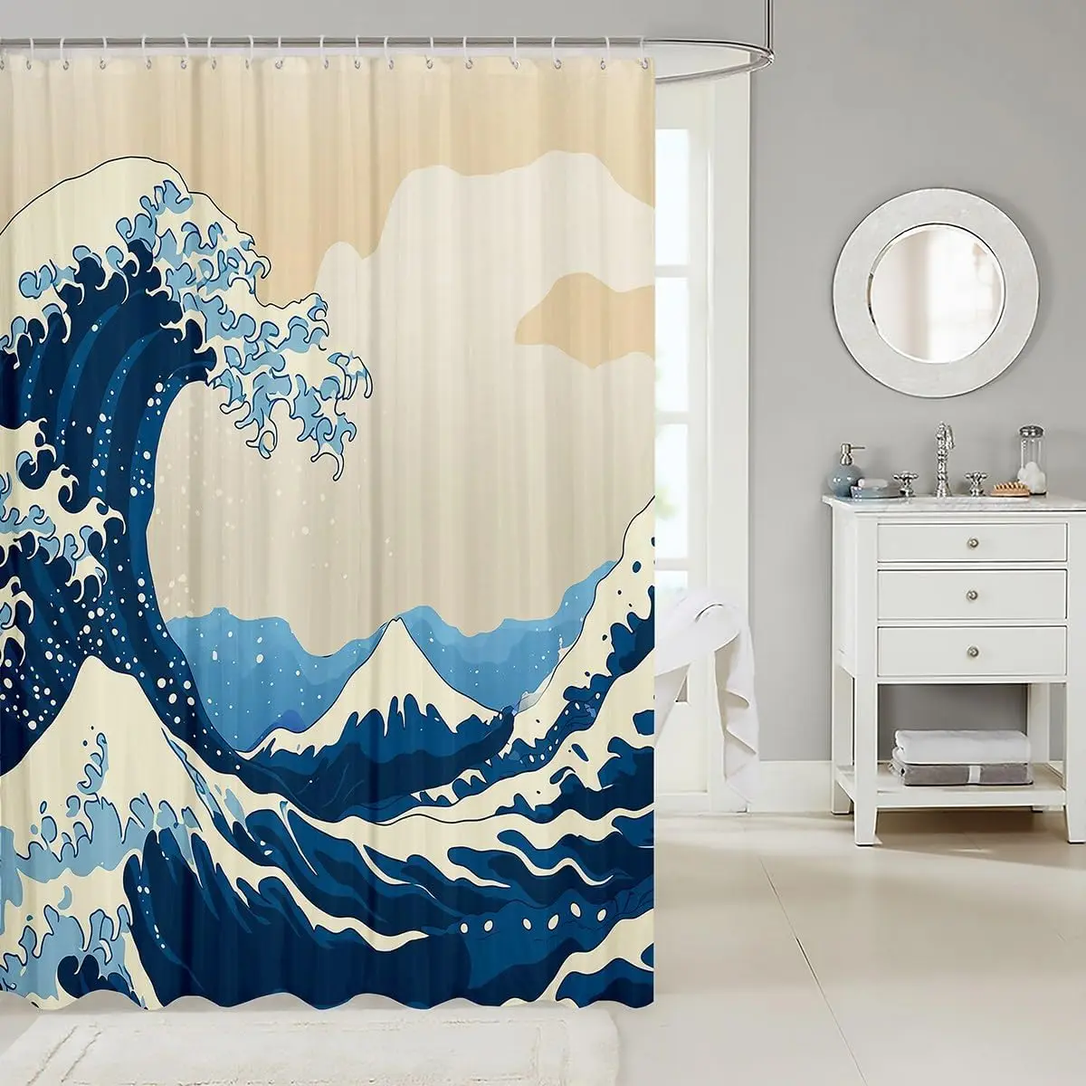 Bathroom Wave Shower Curtain Set with Hooks,Sea Ocean Waves Bath Curtain Hand Drawn Style Japanese Illustration Great Wave