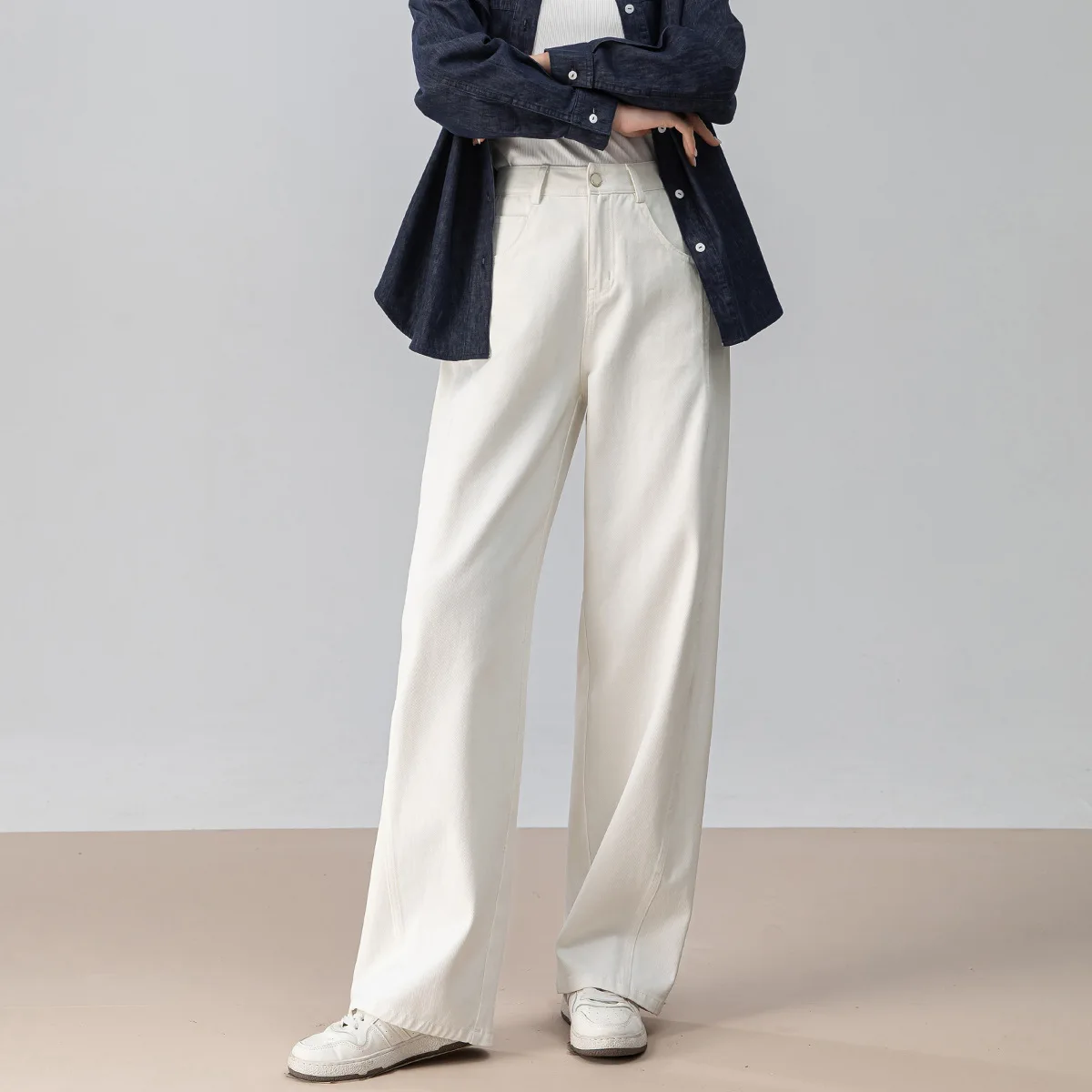 

Бежевые однотонные хлопковые повседневные модные свободные широкие джинсовые брюки с высокой талией, женские модные простые базовые джинсовые брюки, одежда