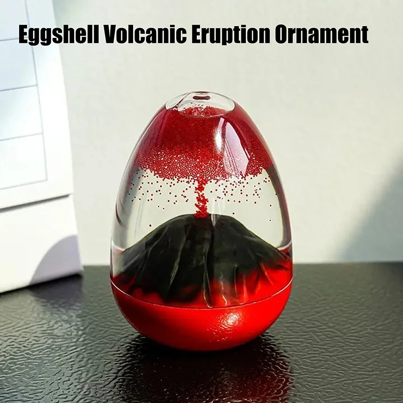 Ornement volcanique en forme d'éruption volcanique avec coquille d'œuf et sable flottant, minuteur sablier liquide en acrylique et cristal.