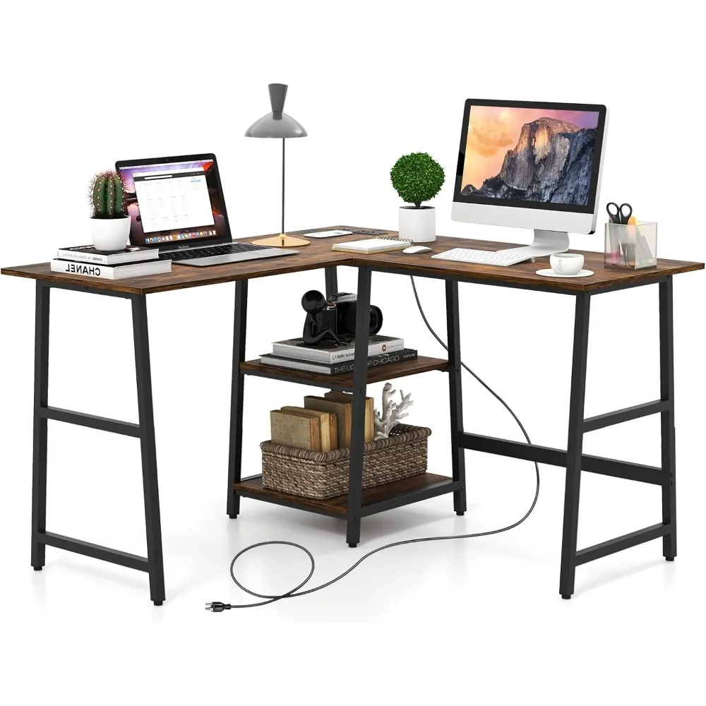 مكتب كمبيوتر على شكل سعة 48 لترًا، مكتب كتابة دراسة زاوية مع منافذ ومنافذ USB، محطة عمل كمبيوتر مكتبية منزلية #1