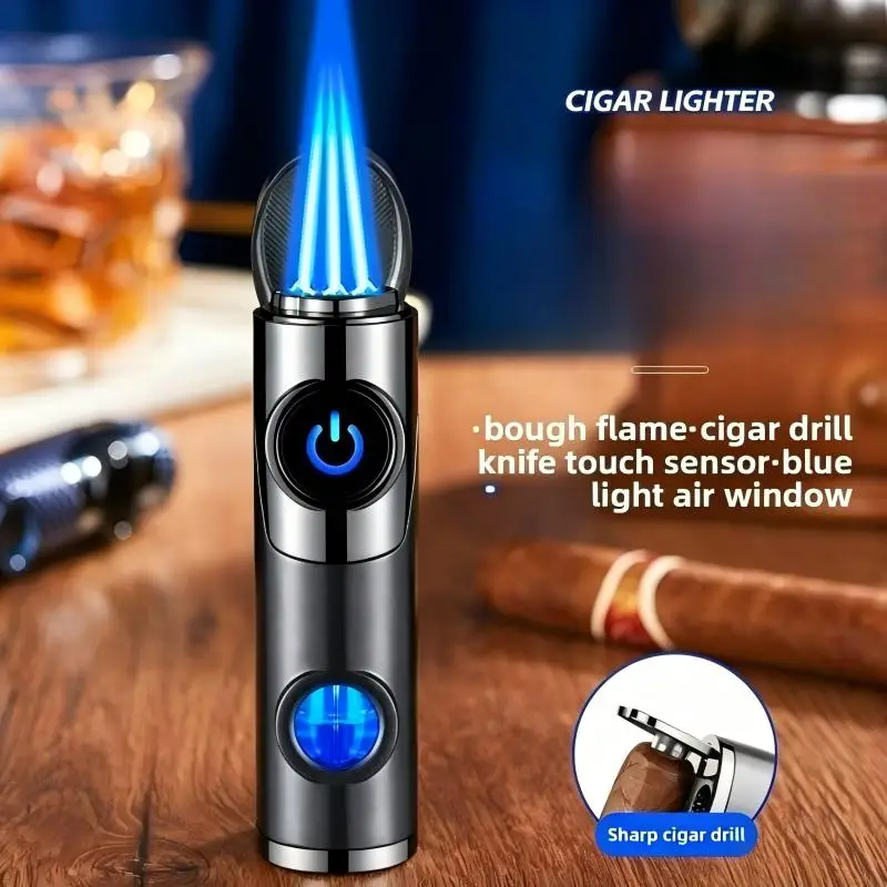 Three Jet Windproof Blue Flame Butane Gas Torch Lighter Visible Gas Blue Light Window Outdoor Portable Cigar Electric Lighters