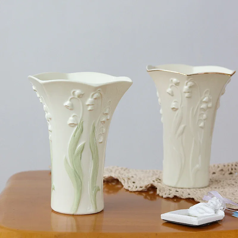 Relief Lily of The Valley Ceramic Vase European Classical Golden Stroke High Feet Dried Flower Vases Afternoon Tea Coffee Cup