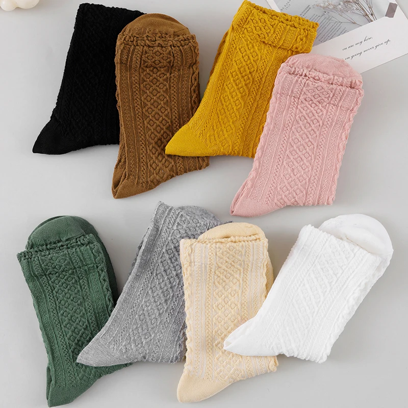 1/5/10/15/20 Pairs Random Women's Solid Color Twist Knit Mid‑Calf Socks, Comfortable Breathable Casual Socks