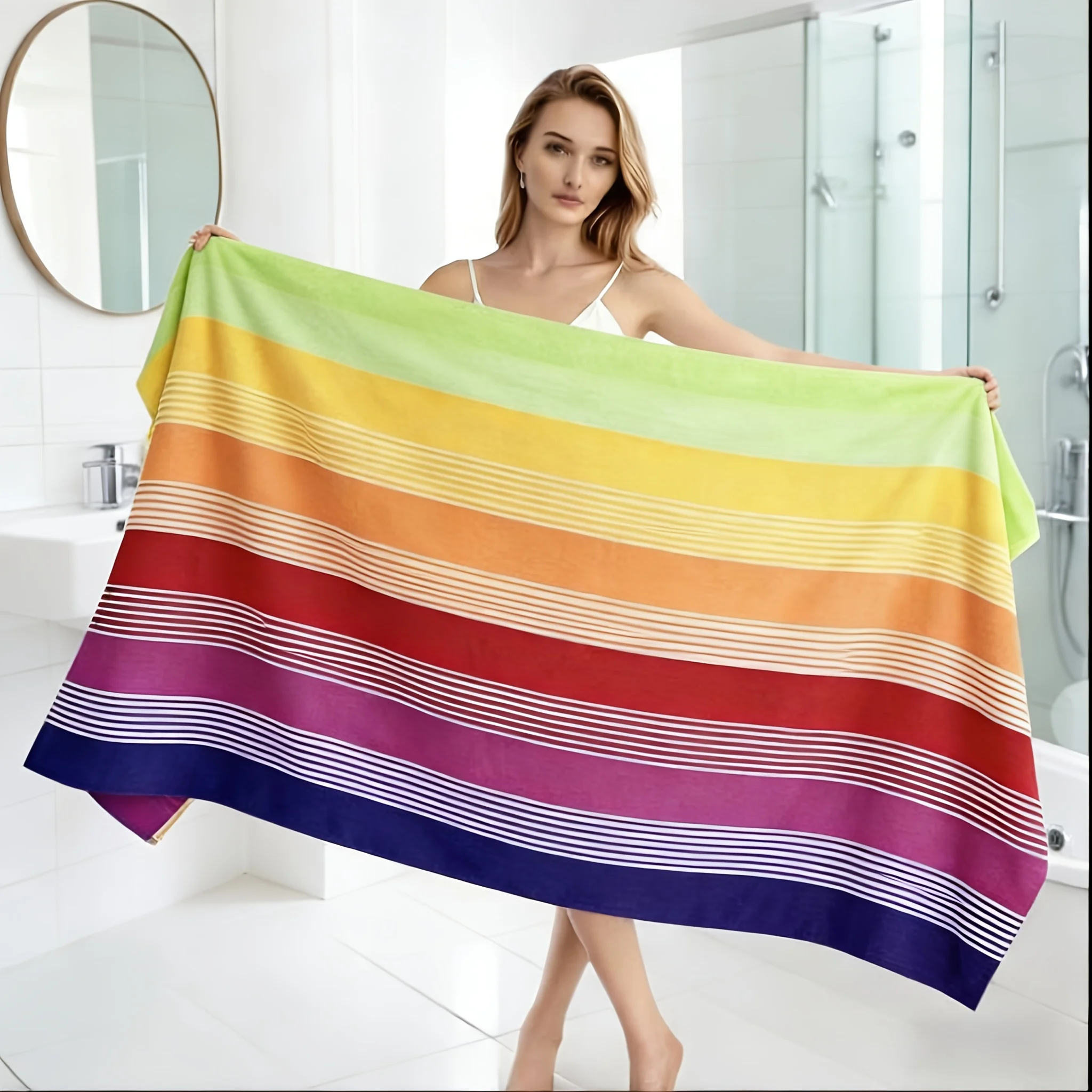 Rainbow Gradient Striped Beach Towel Quick Dry Sand Free Oversized Bath Towel for Pool Travel Summer Vacation