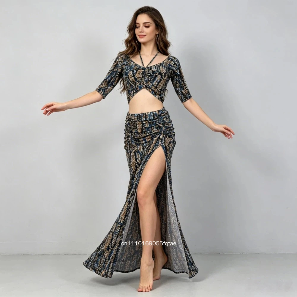 

Floral Printed Belly Dance Outfit Women Drawstring Split Design Oriental Dance Suit Sexy Training Stage Performance Group Dance