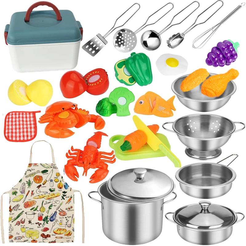 29PCS Kids Kitchen Playset with Stainless Steel Cookware Pots and Pans Set, Pretend Food Cooking Toys with Cutting Foods, Apron