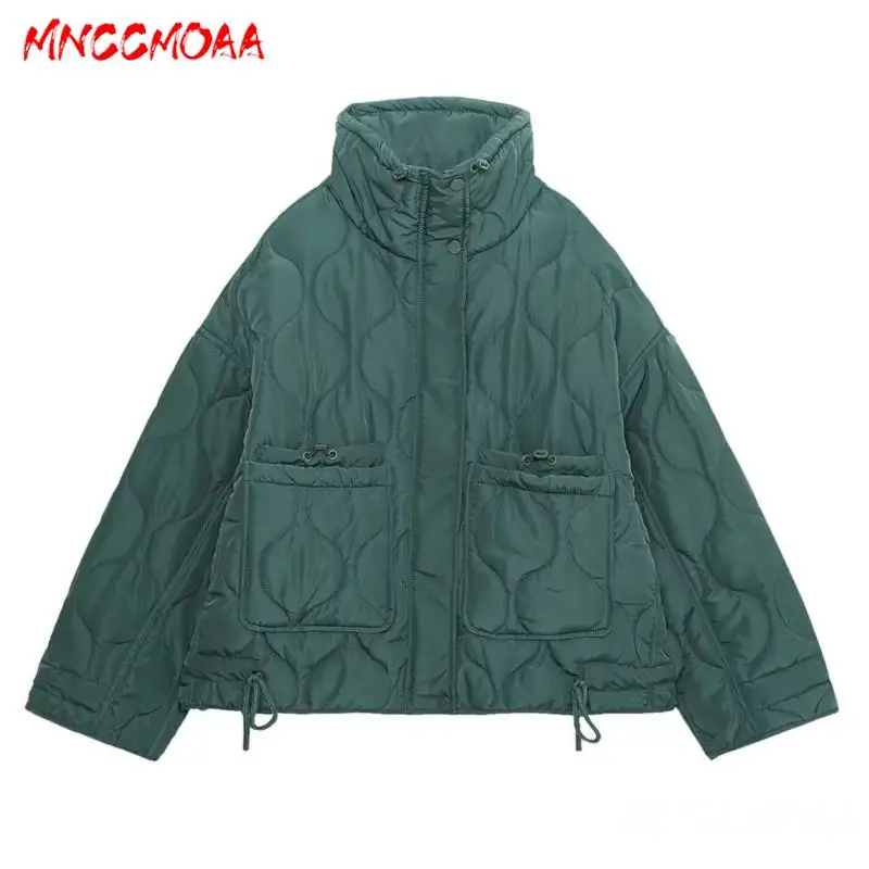 MNCCMOAA 2023 Winter Women Fashion Loose Stand Neck Button Pocket Parkas Coat Female Solid Casual Long Sleeve Top Outerwear