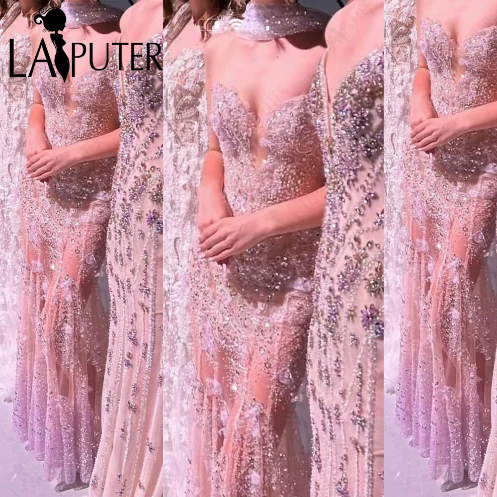 

Illusion Long Mermaid Evening Dresses 2025 New Floral Lace Celebrity Dress Halter Cape Extra Train Beaded Lace Bottom Prom Gown