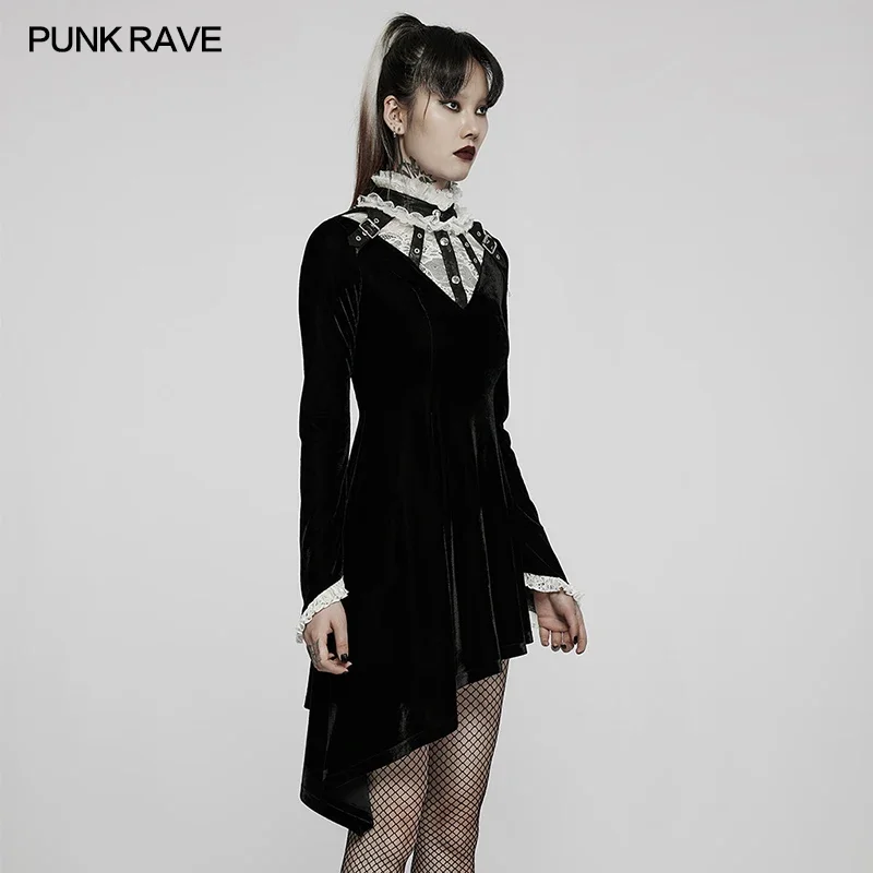 Imagem -02 - Punk Rave Gótico Feminino Assimétrico Bainha Vestido Denso Veludo Renda Gola de Metal Vestidos Cintura Ajustável com Cordão Traseiro Roupas Góticas