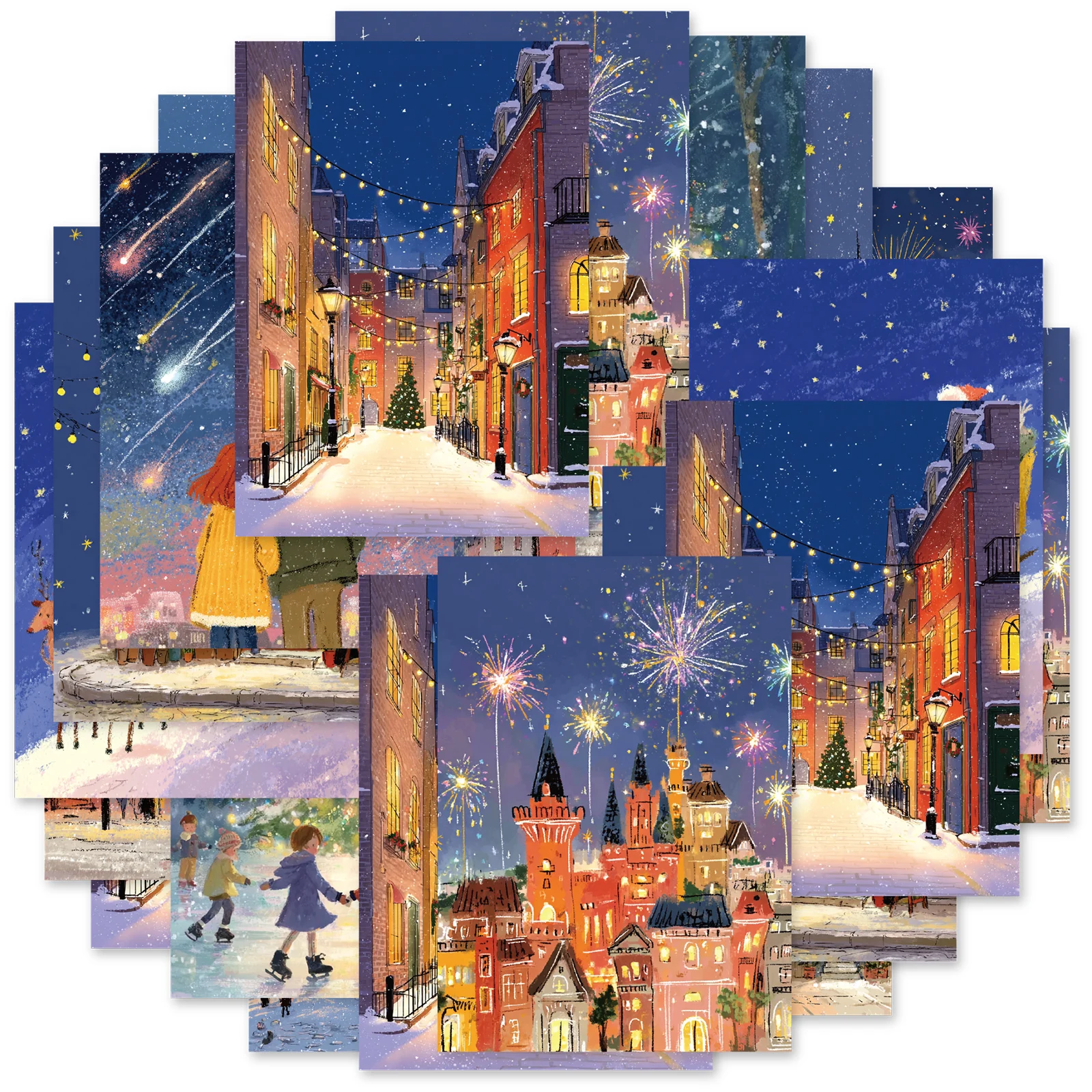 Etori Life 20Pcs Hand-Drawn Winter Fairy Tale Town Material Paper with Illustrations of Shooting Stars, Fireworks, Falling Snow, Street Skating, and People, Suitable for Journaling, Collage, and Decoration. Material Paper Can Be Used for Gift Bags, Laptops, Handbags, Photo Albums, Postcards, and Envelopes, Sticker Books, Scrapbooking Supplies, Office Decoration Supplies, Room Decoration, Gift Box Packaging, Party Decorations, Christmas Stickers, Cycling Decals