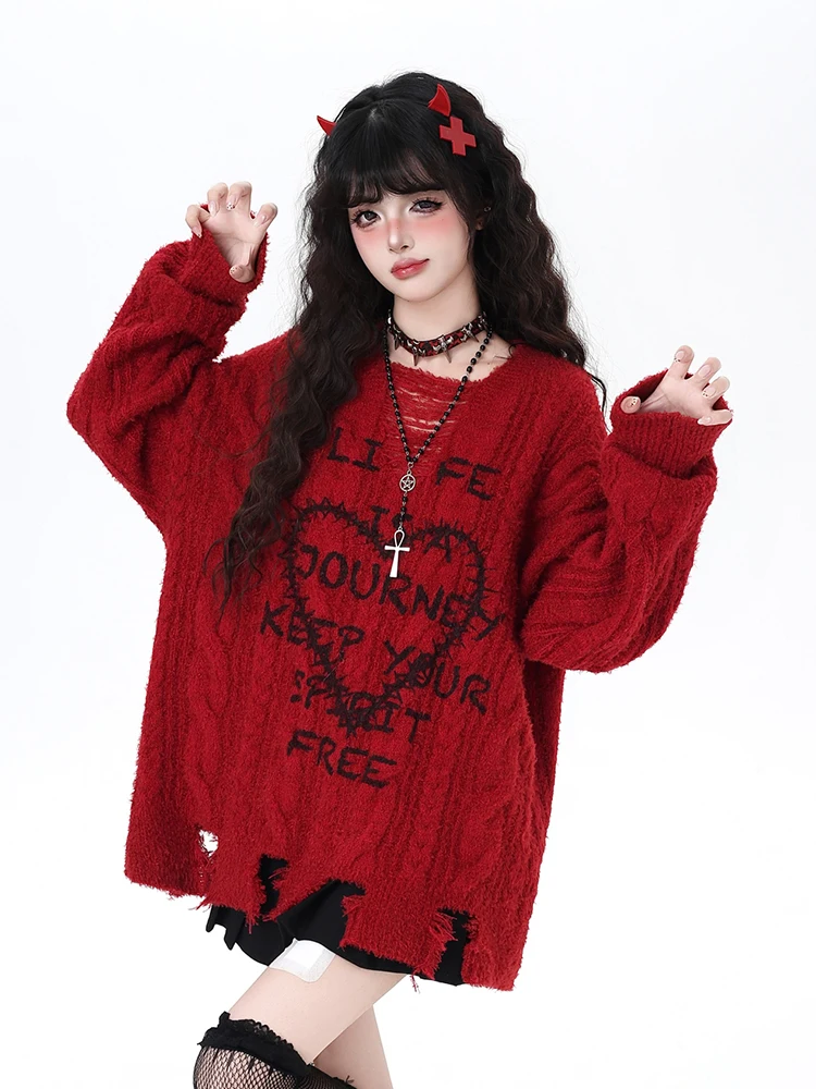 

Love Print Hole Red Sweater Women Lazy Wind Sweet Letter Cute Knitted Jumper Casual Retro American O Neck Long Sleeve Pullover
