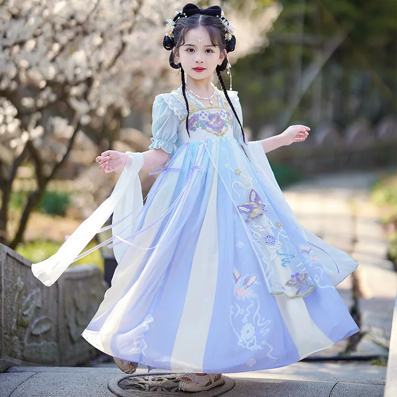 

Kids Fairy Purple Floral Embroidery Hanfu Clothing Ancient Chinese Costume Folk Dance Performance Dress For Girls