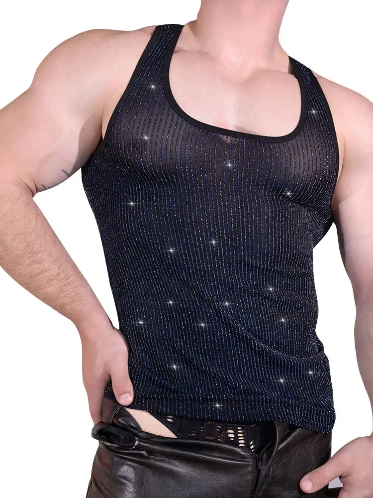 Sexy Men Sleeveless T-shirts Fashion Tank Top Shiny Breathable Sheer Vest Sheer See Through  Shaping Tank Tops Gym Female Tops