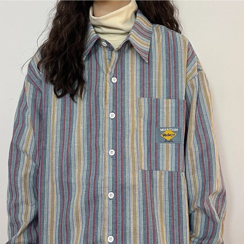 

Осенняя новая свободная рубашка с длинными рукавами в вертикальную полоску в стиле ретро, женская куртка с длинными рукавами в студенческом стиле