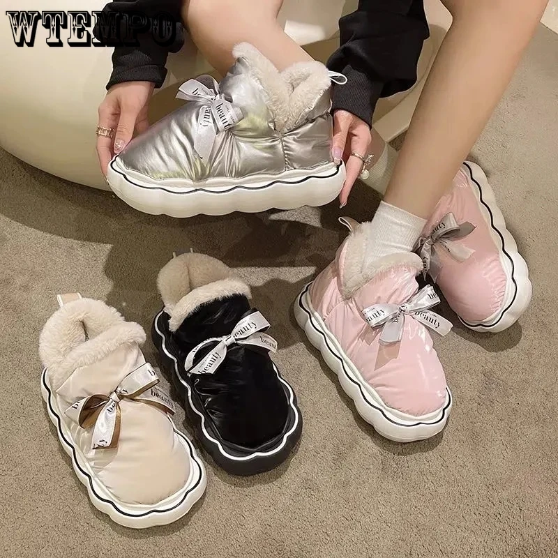 Black PU Leather Snow Boots Cute Lace Up Bow Plush Warm Women Cotton Shoes Thick Flat Sole Waterproof Winter Casual PreppyStyle