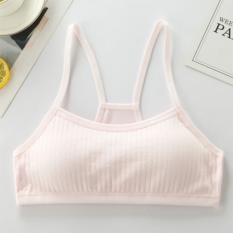 Teens Girls Cotton Training Bra Padded Racerback Ribbed Solid Color Bralette Mesh Back Spaghetti Strap Vest Underwear