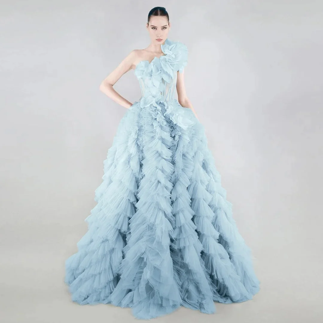

DRESS FORU Elegant Sky Blue Evening Dress Tulle for Floor-Length One-Shoulder Prom Party Appliques Robe De Soirée Customized