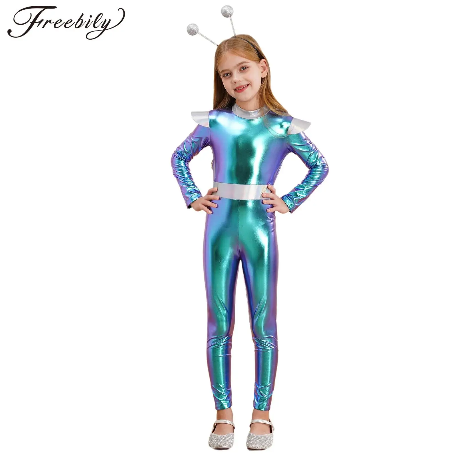 

Kids Alien Cosplay Costume Long Sleeve Metallic Alien Role Play Jumpsuit Bodysuit Carnival Halloween Theme Party Fancy Dress Up