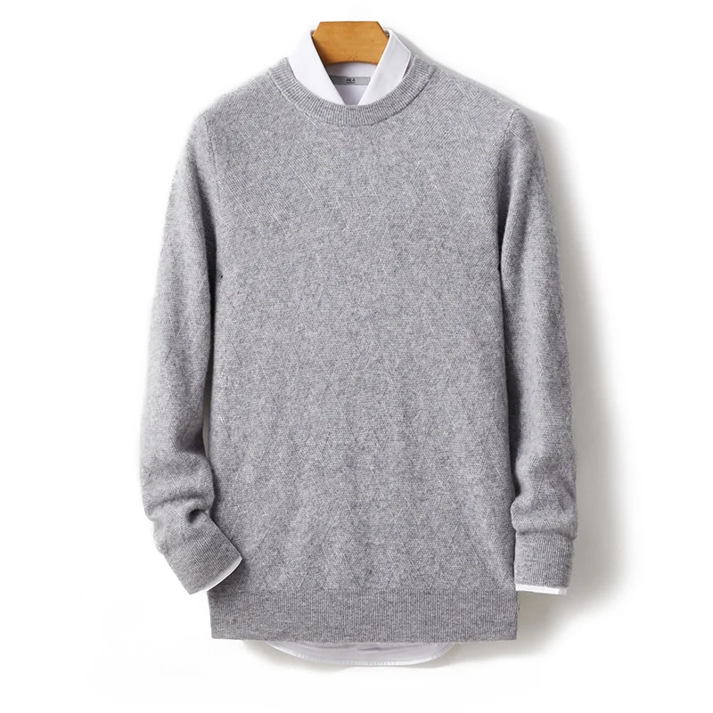 Autumn And Winter New Men's Round Neck 100% Wool Sweater Diamond-Shaped Thick Long-Sleeved Knitted Loose Pullover Pure Wool Top.