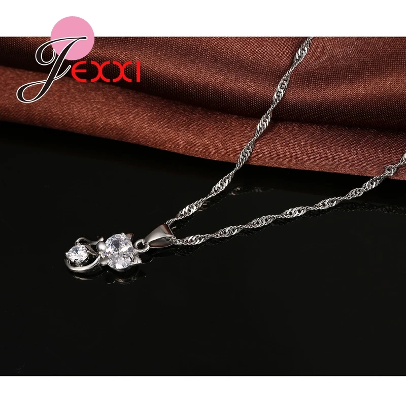 925 Sterling Silver Cubic Zirconia Wedding Jewelry Sets AAA CZ Crystal  Cute Animal Cat Necklace Earrings Women Collar