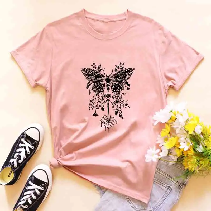 Pentagram Moth and Spider Web T-shirt, Cute Yet Eerie Y2K Pastel Gothic Style, Pastoral Dark Preppy Style Alternative Punk Style view 2
