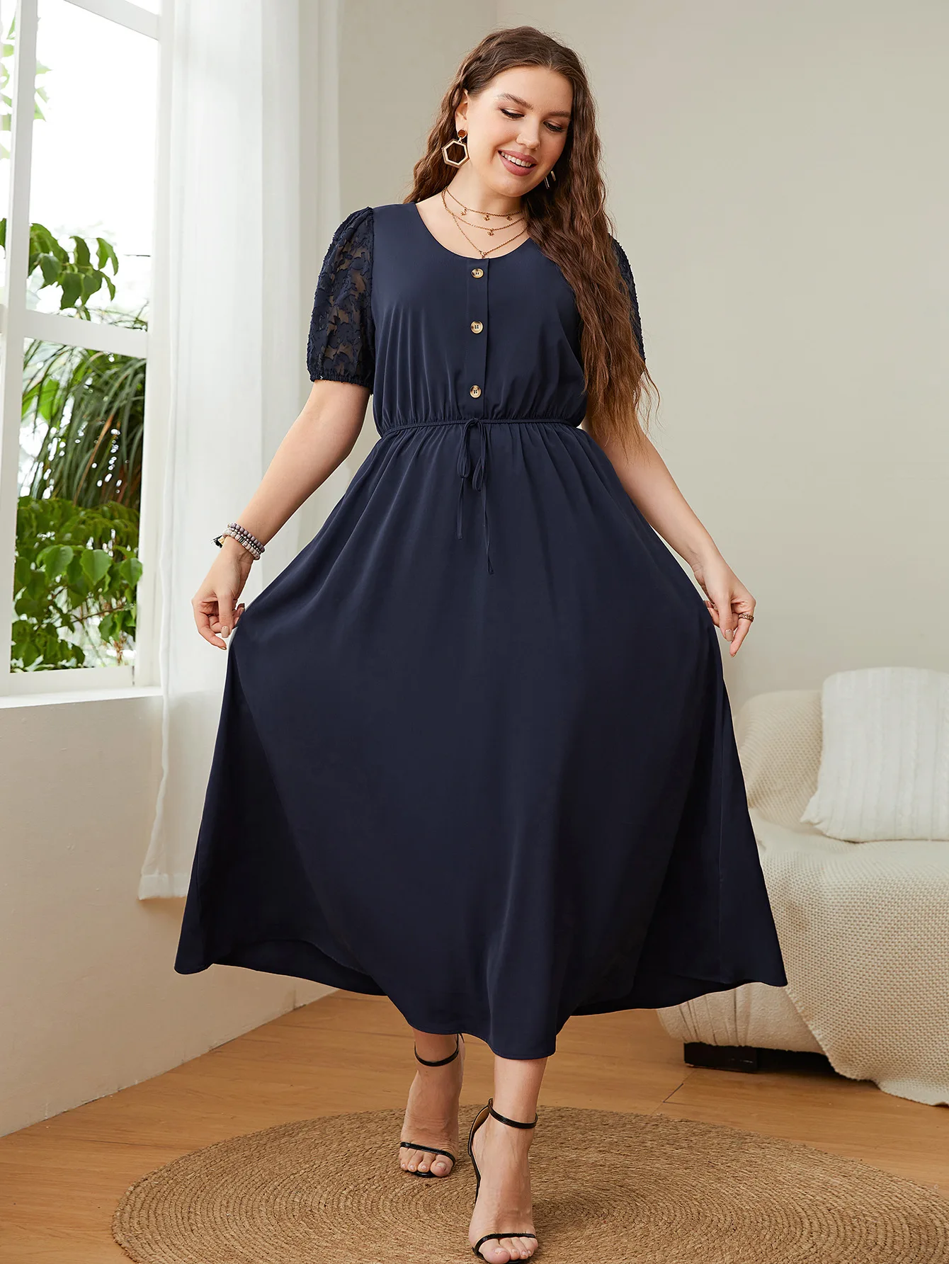 Sukienka Plus Size Krótki Rękaw Solidna Granatowa Długa Sukienka Oversize Wysoka Talia Odzież Damska Długość do kostek Casual O Szyja