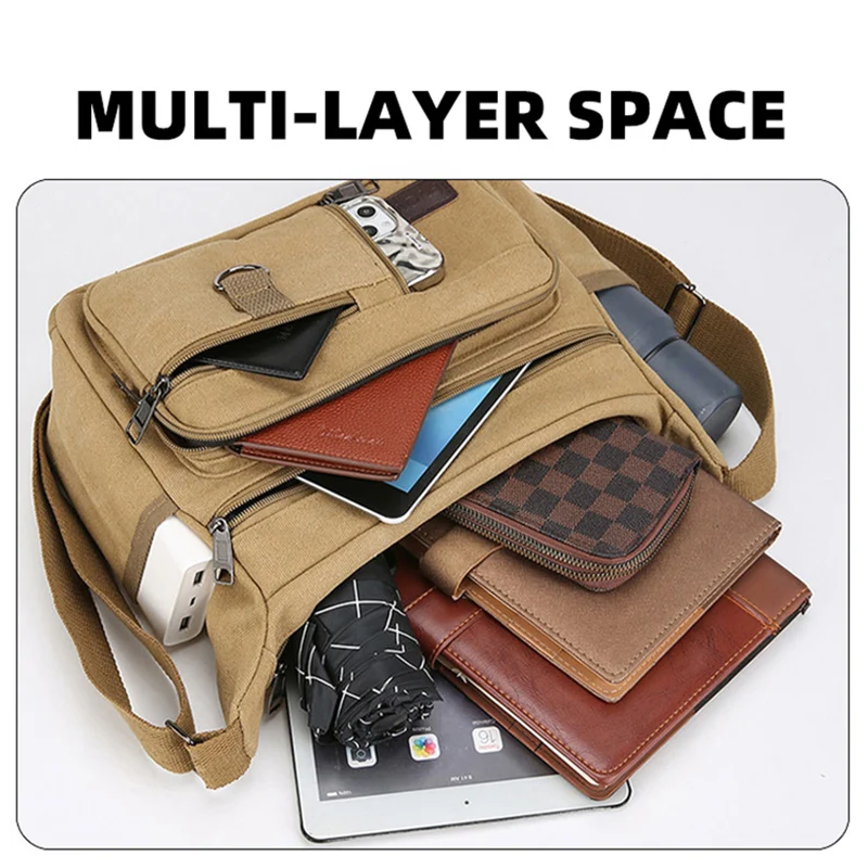 Commuter Shoulder Bag Large Capacity Crossbody Bags Multifunctional Pack with Bottle Pocket Canvas Package Casual Travel Daypack