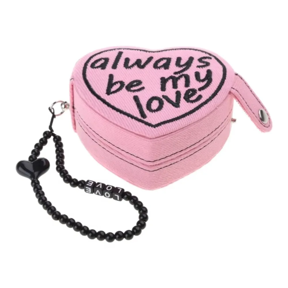

Portable Heart Shaped Jewelry Ring Storage Box Embroidered Retro Style Cosmetic Bag With Strap Pure Color Jewelry Holder Travel