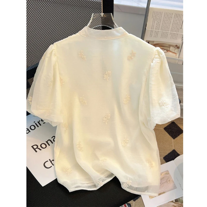 Women Vintage Chinese Style Embroidery Blouse Stand Collar Hollow Sweet Kawaii Chic Shirt Solid Short Sleeve Tops Casual Blusas