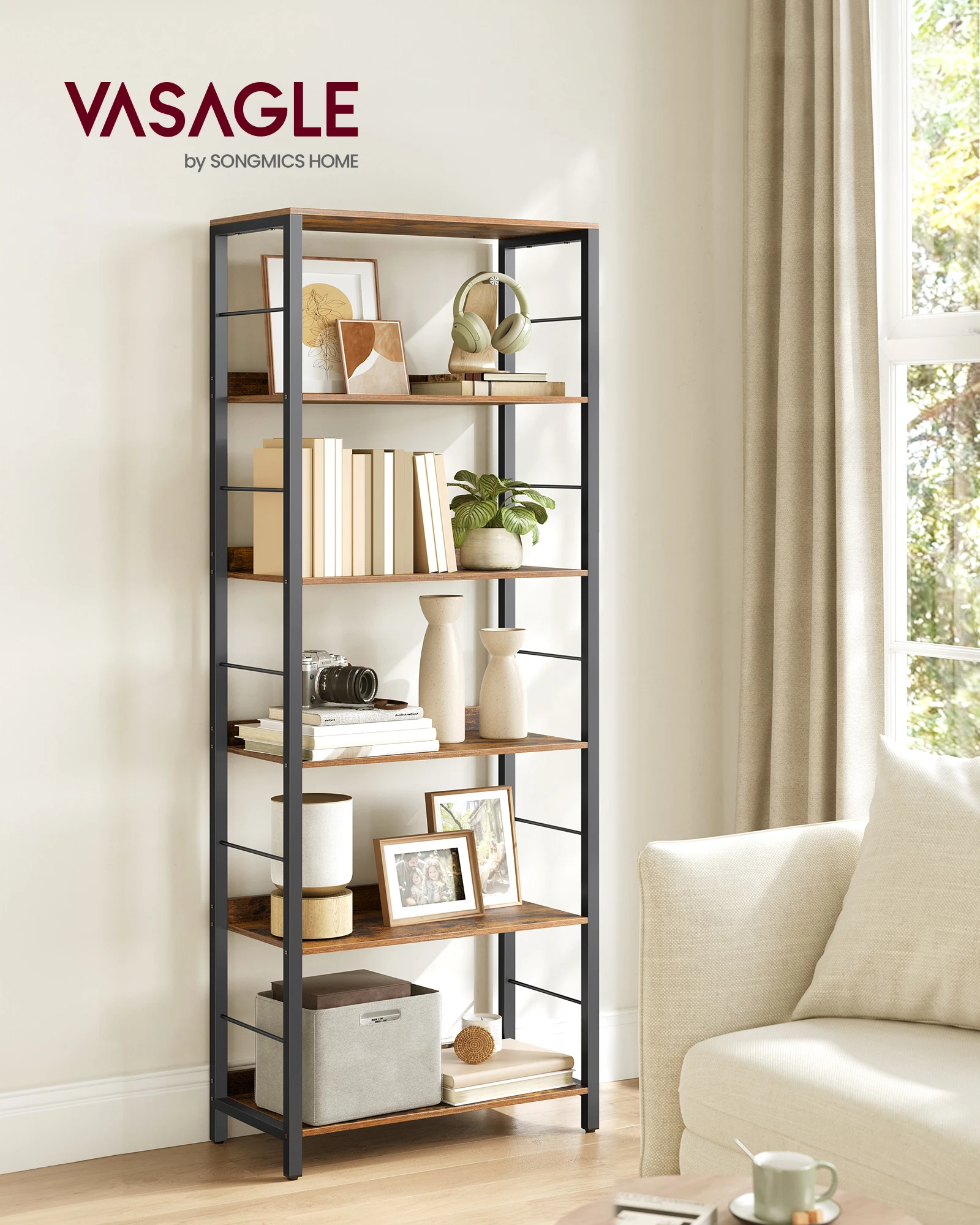 VASAGLE Étagère sur 6 Niveaux, Bibliothèque, Meuble de Rangement, avec Panneaux Arrière, Style Industriel, pour Salon, Étude, Bureau à Domicile