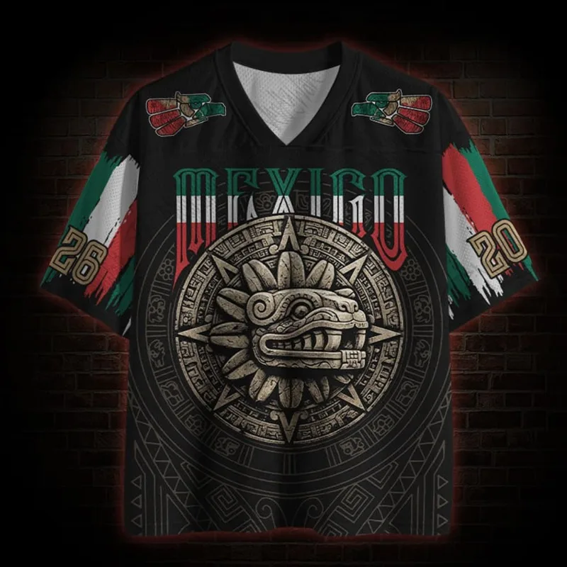 Mexico Aztec Tribal Soccer Jersey Mayan Calendar Skull Jaguar Eagle Print V Neck Tshirt Unisex Mexican Flag Casual Fan Apparel view 6