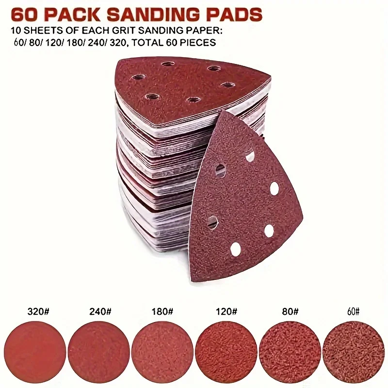 

60 triangle sanding pads, mouse sanding pad sandpaper with 6 holes 60/80/120/180/240/320 grain size for Delta Sanders/Multi-Sand