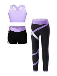 Kids Girls 3Pcs Ballet Dance Sets Sports Gymnastics Outfits Crop Top with Booty Shorts and Athletic Leggings Tracksuit Sets Suit