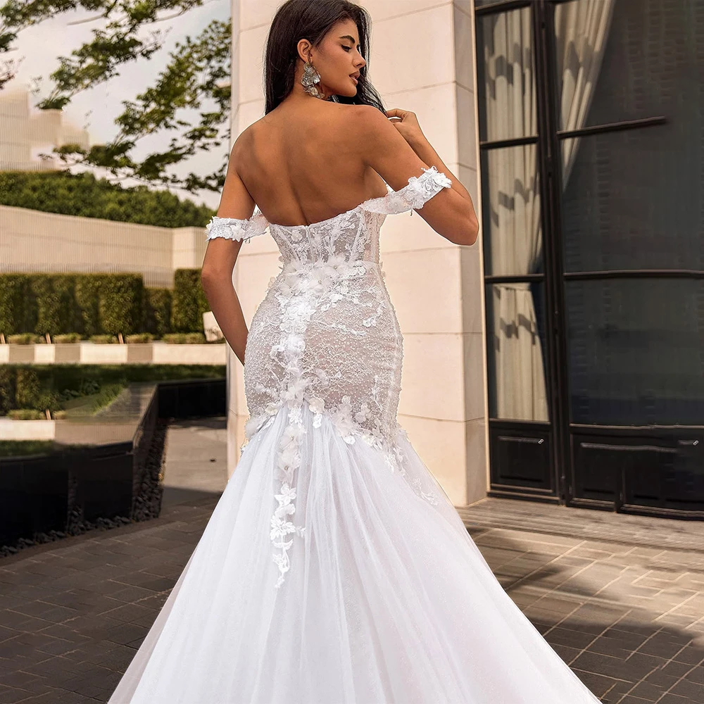 تخصيص BohoWhite الأورجانزا فستان الزفاف مثير الحبيب قبالة الكتف فستان زفاف لينة حورية البحر ذيل شابيل رداء دي mariée #2