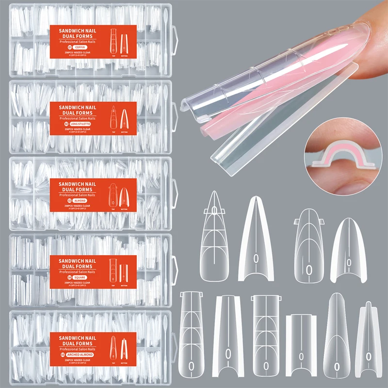 256PCS Nail Art Sandwich Nail Dual Forms Quick Extension Top Bottom Molds No Paper Forms Crystal UV Gel No Builder Needed