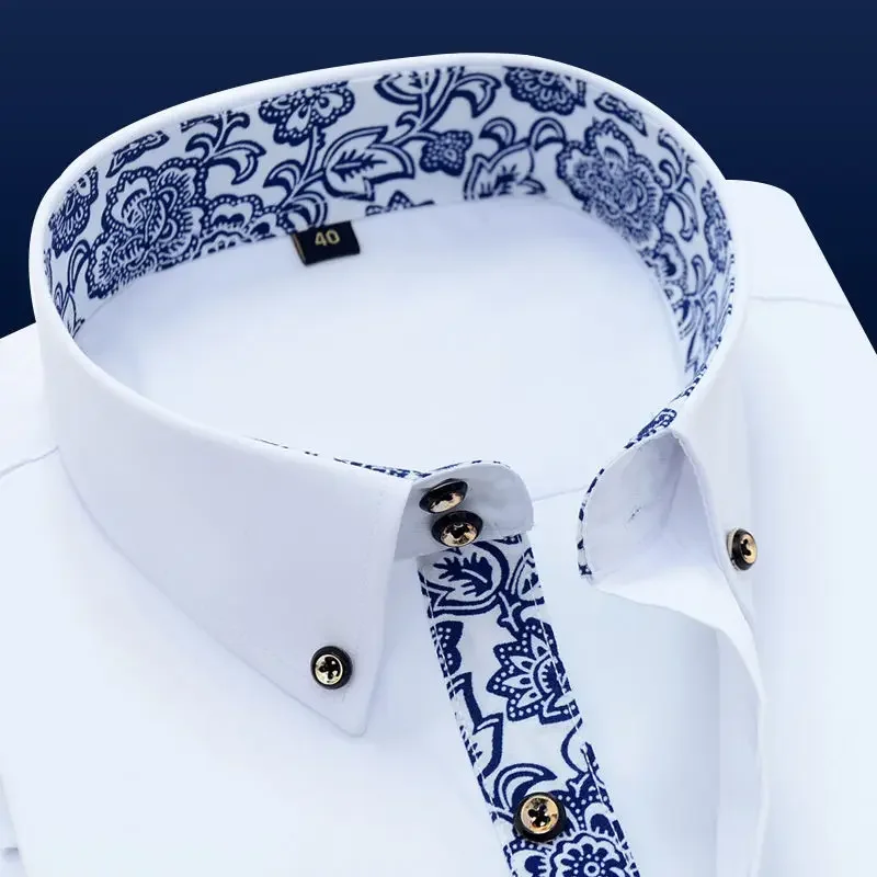 Men's Short Sleeve Dress Shirts Blue-and-white Porcelain Collar Shirt Korean Slim Fit Casual Business Formal Social White Cotton