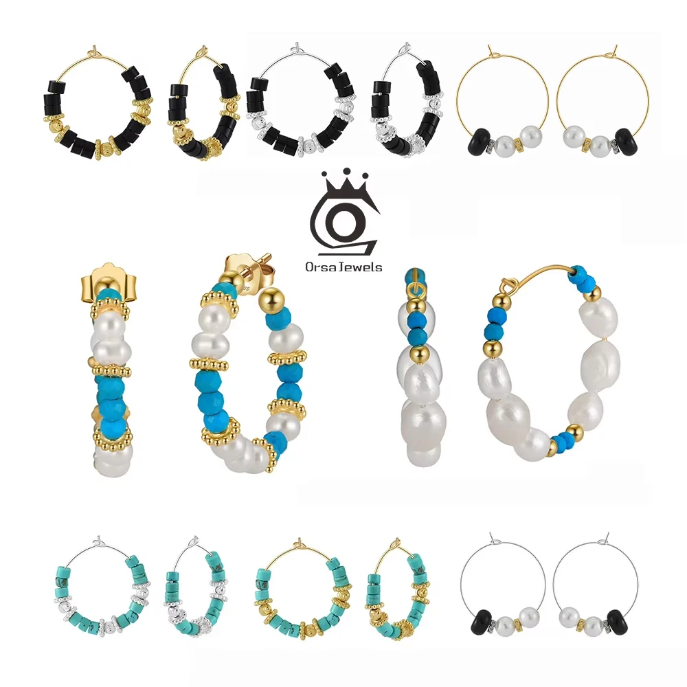 

ORSA JEWELS Soild 925 Sterling Silver Bule Turquoise Hoop Earring Vintage Natural Stone Circle Earrings Accessories Gift MPE02