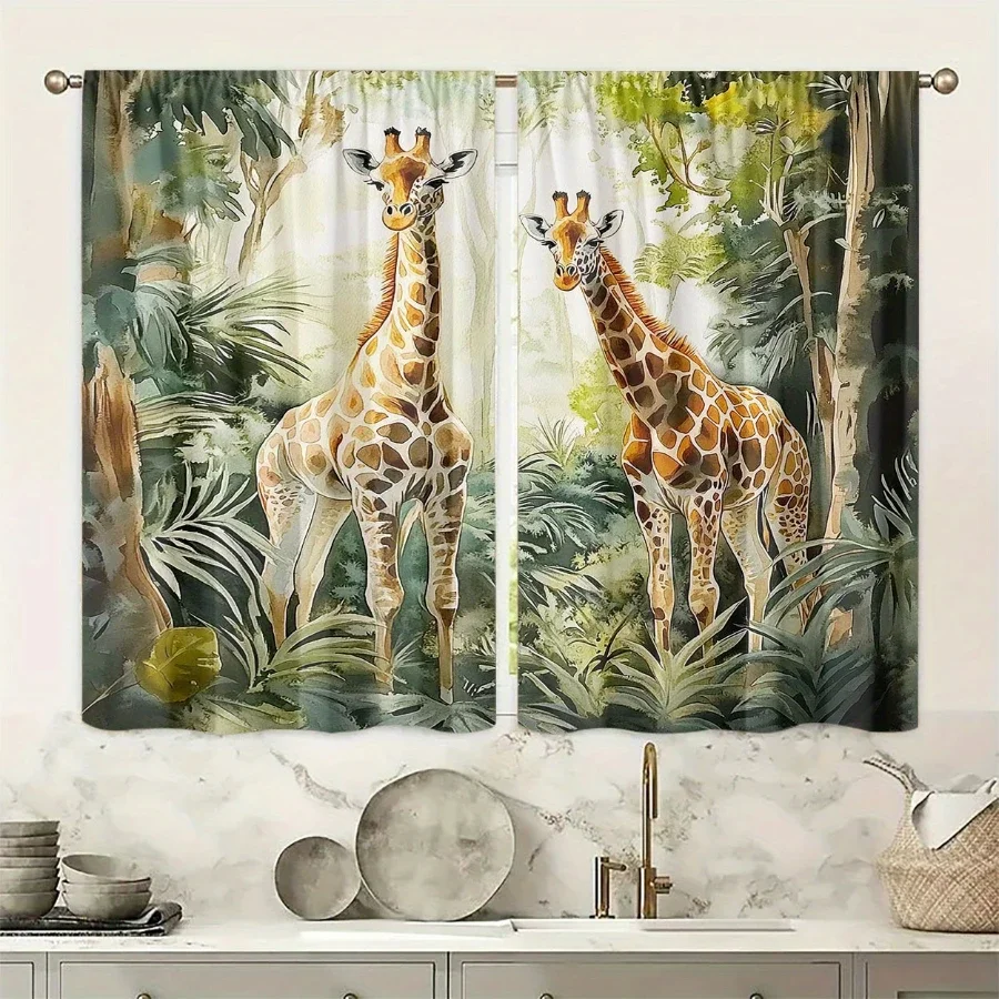 Lush Safari Jungle Giraffe Curtain Panels for Living Room Home Decor Tropical Animal Print Window Drapes