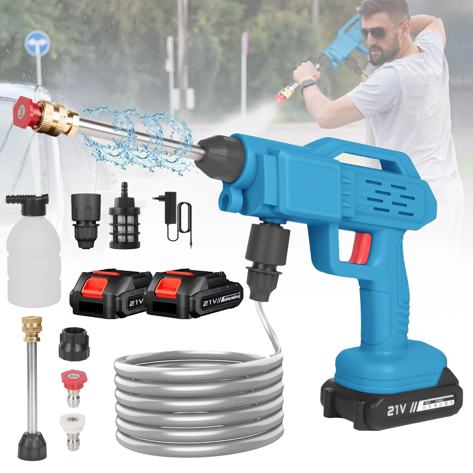 Pistola de Agua Inalámbrica de Alta Presión de 1500W, 21V, 50BAR, Limpiador a Batería con 2 Baterías, Máquina de Pulverización para Lavado de Autos y Riego de Jardines