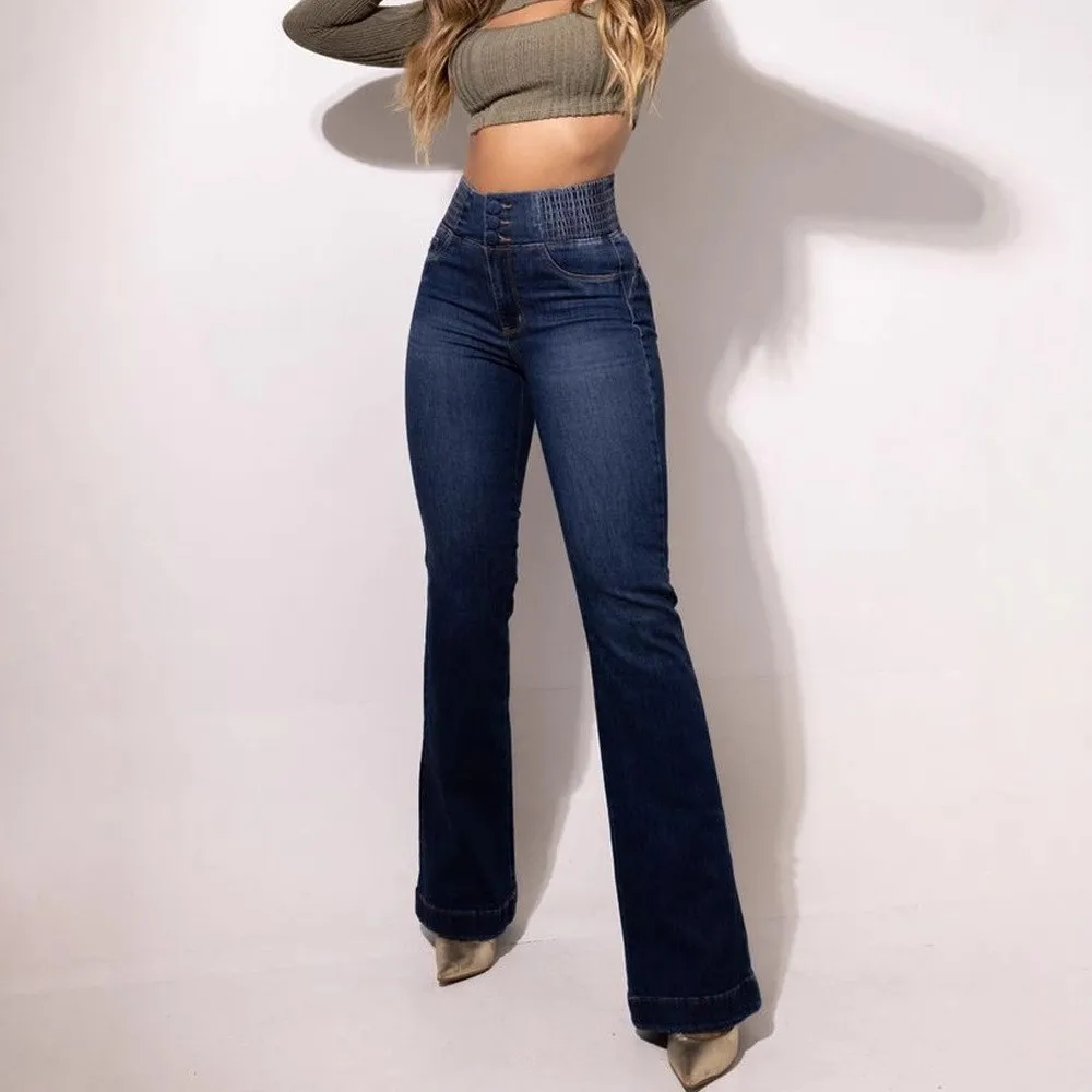 Women Flared Jeans High Waist Cotton Stretch Denim Pants Light Blue Flared Leg Five Pocket Denim Jeans Black Slim Fit Thigh Raw