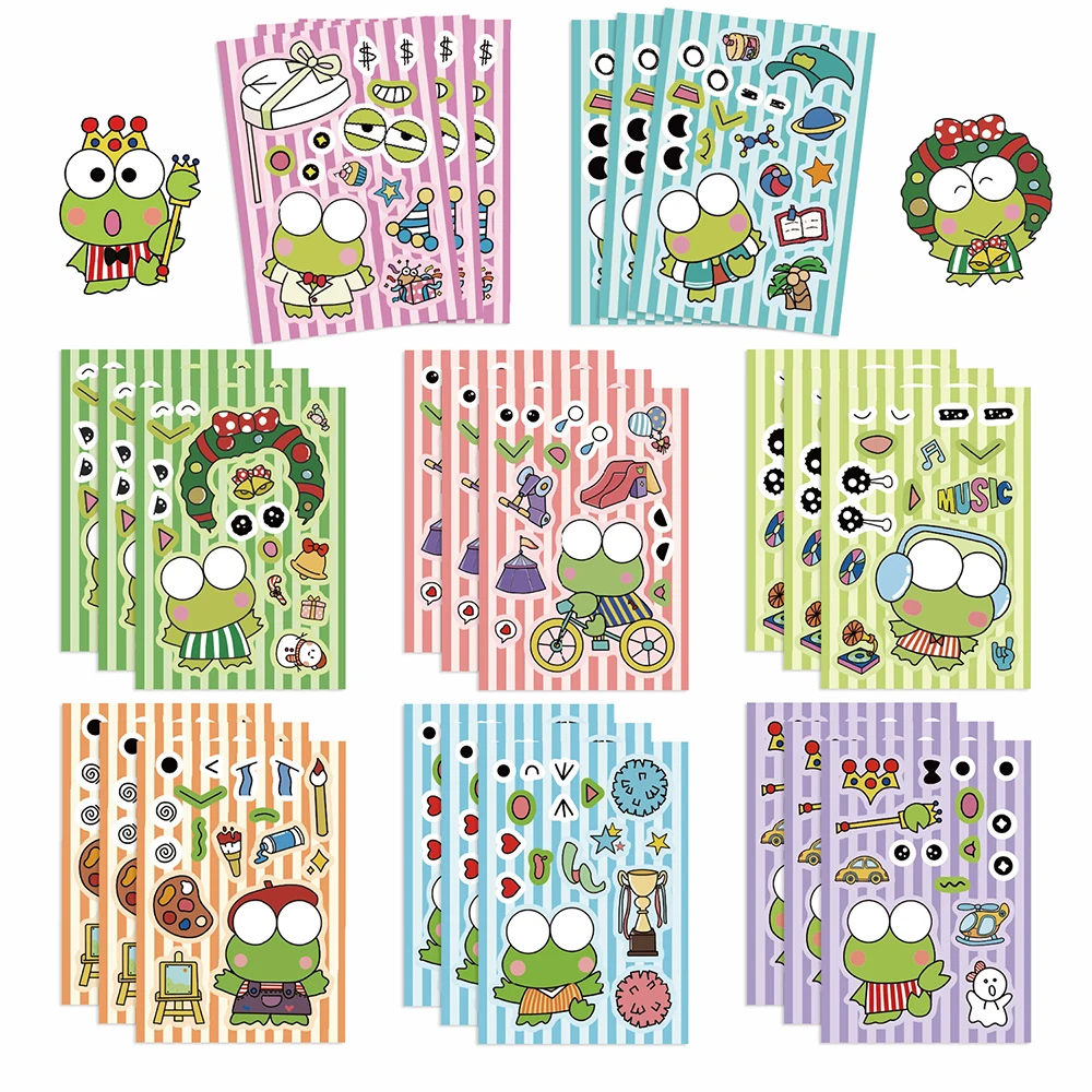 

8/16sheets Cute Sanrio KEROKERO KEROPPI Puzzle Stickers Make a Face Cartoon Kids DIY Decals Fun Assemble Jigsaw Educational Toys