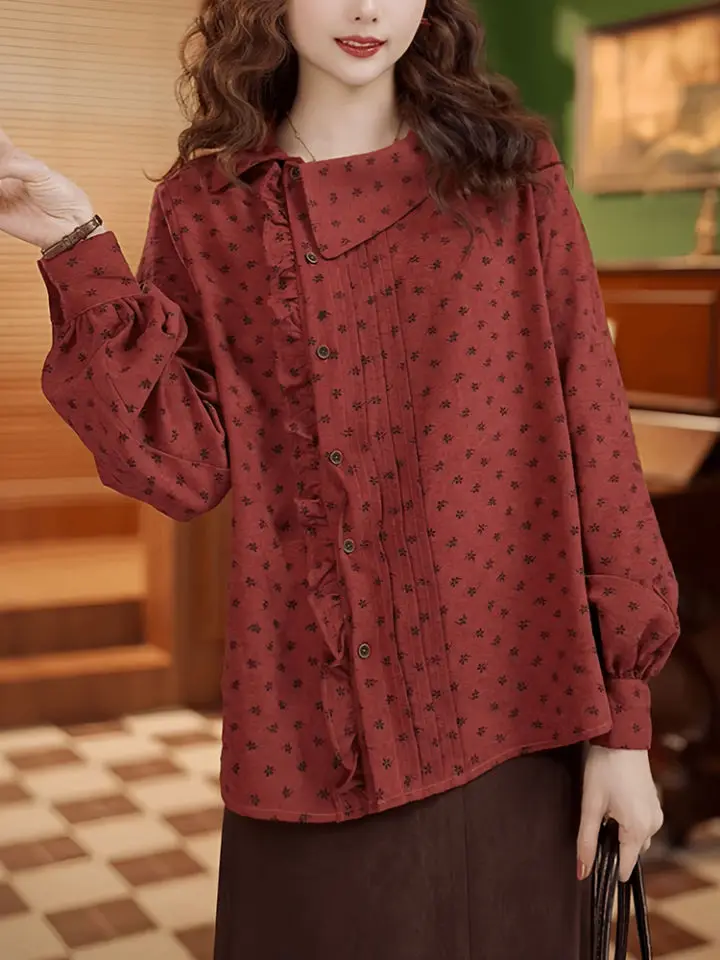 

Красная рубашка в горошек в стиле ретро для женщин весной и осенью 2025 года. Новый модный и свободный повседневный дизайн. Топ.