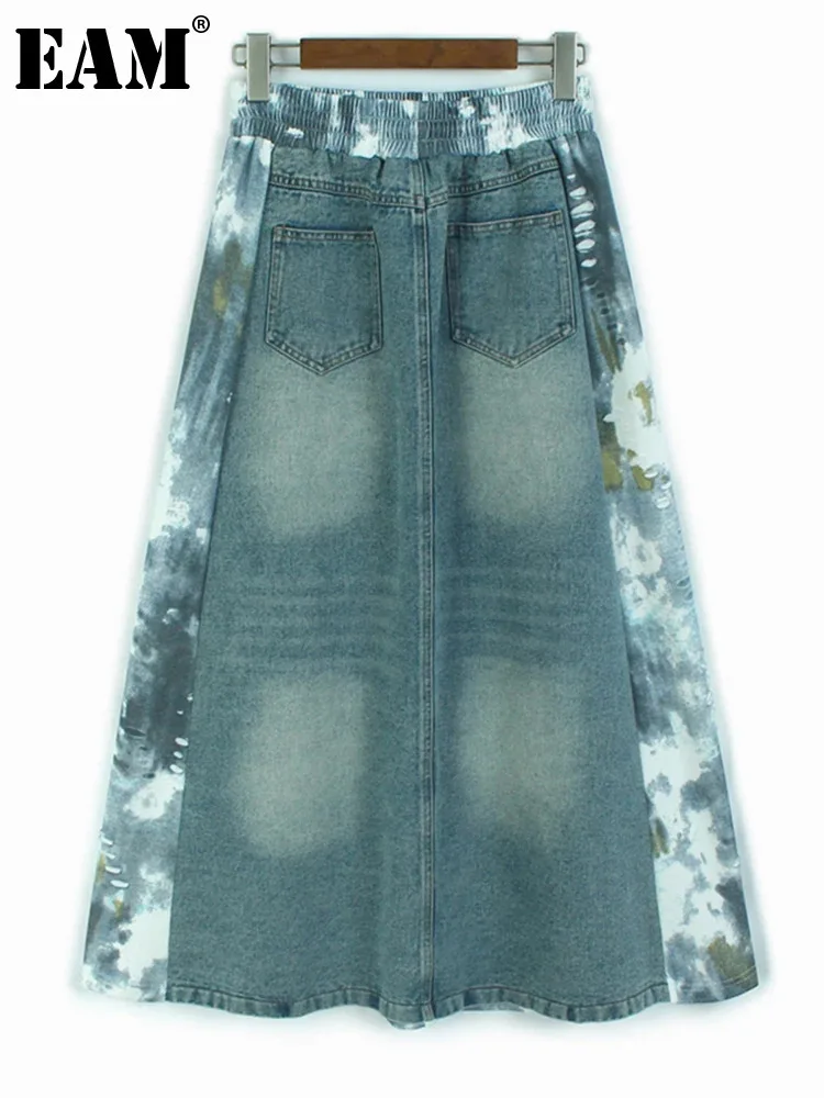 [EAM] High Elastic Waist Blue Back Denim Tie Dye A-line Design Half-body Skirt Women Fashion Tide New Spring Autumn 2025 1DH9320