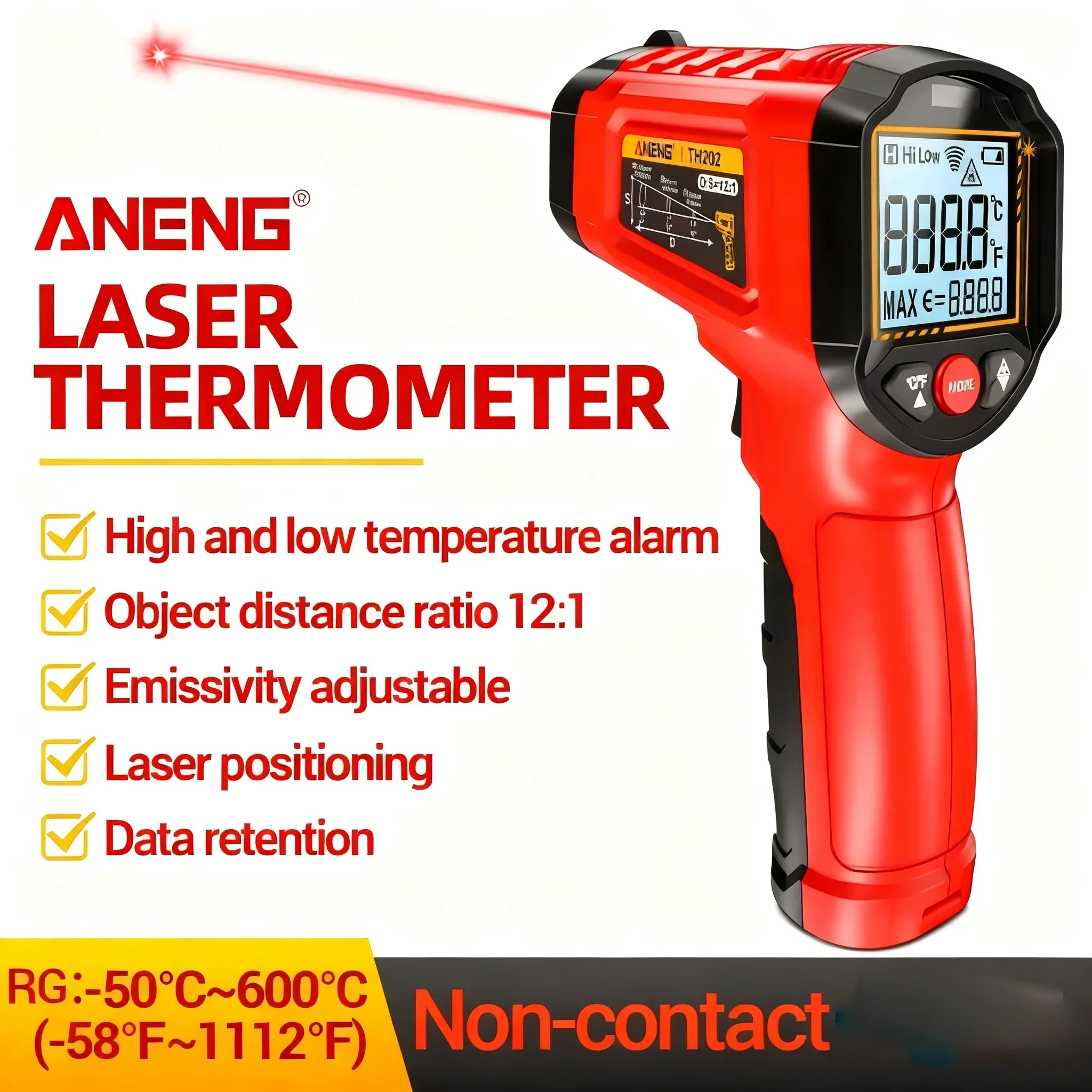 ANENG TH202 Infrared Thermometer Non-contact -50~600℃ Digital Laser Temperature Meter LCD Display Pyrometer Point Gun Tester