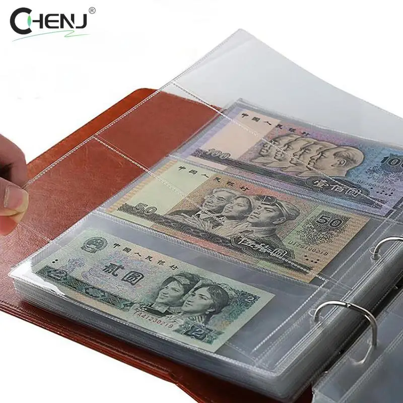 Folhas soltas Money Holder, Transparent Banknote Album, Coleta de página, mangas, 3 Slot, 10pcs por lote