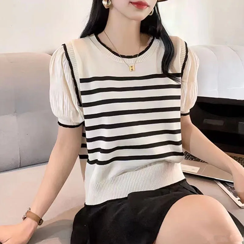 

Knitwears Short Sleeve Knitted Sweater Women Pullovers New O-Neck Striped Knit Sweater Pullover Women Tops Sueter Feminino Q3557