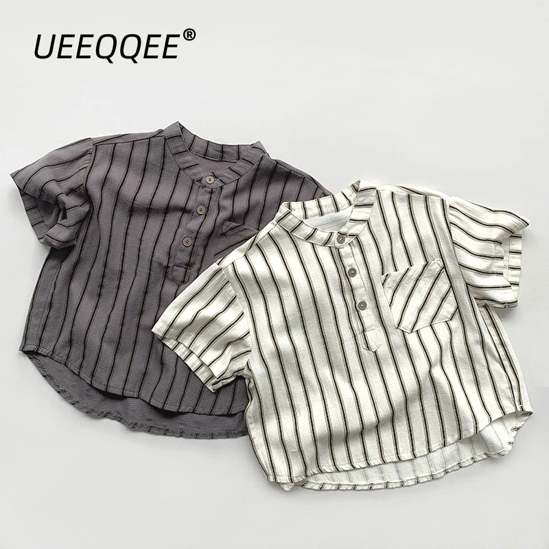 Summer Children Shirts 1-8Y Boys Cotton Striped Pocket Casual Short Sleeve Shirt Tops Korean Toddler Wear Kids Clothing 2024 New